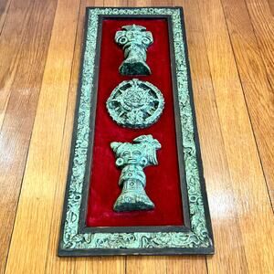 Vintage Aztec Crushed Malachite Over Red Velvet Folk Art Hanging Wall Plaque